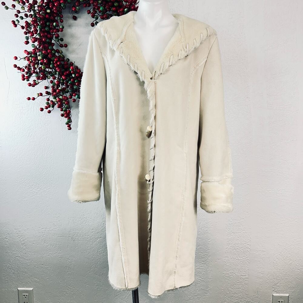 Coldwater Creek Winter Whitre faux suede Whipstitch & Faux Fur Coat